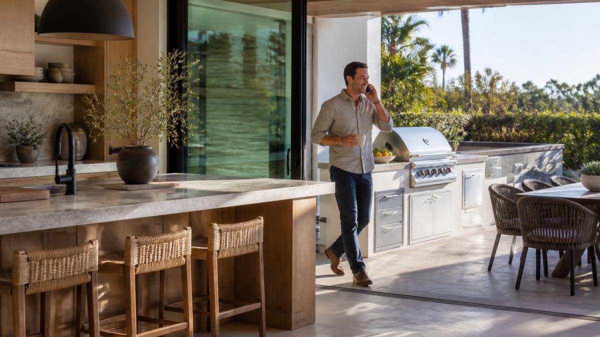 A bright California kitchen with a large island featuring natural wood and stone surfaces, sliding glass doors open to a patio with an outdoor BBQ island and seating area, sunlight streaming in