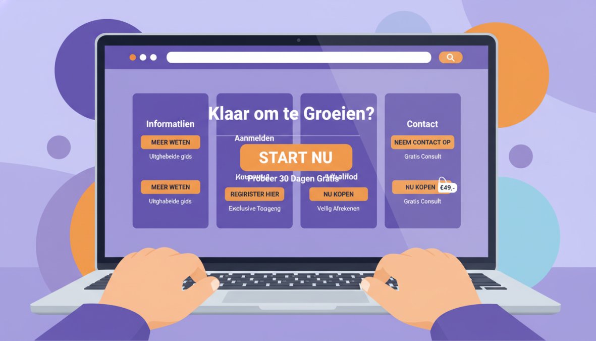 Call to Action Voorbeelden Website: De Complete Gids 1 Close-up of a laptop screen showing a modern website homepage with a prominent orange call-to-action button reading "Vraag gratis analyse aan", person's hands resting lightly on the keyboard in the foreground, soft natural office lighting