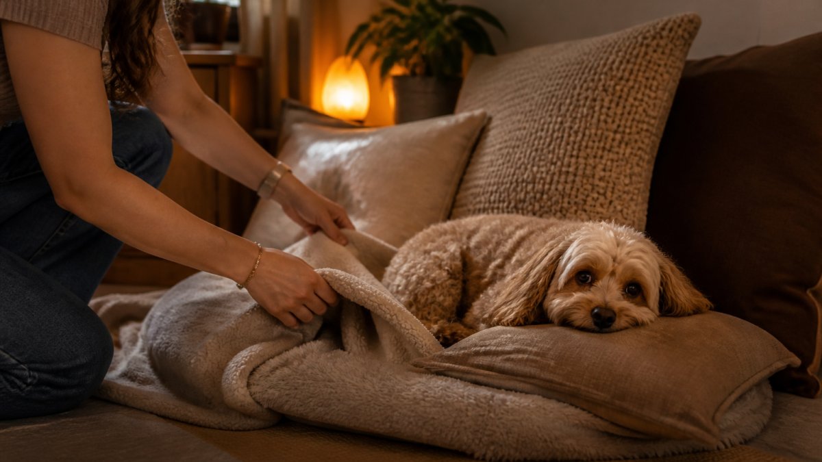 A relaxed dog resting on soft blankets in a dimly lit, quiet room during a thunderstorm.