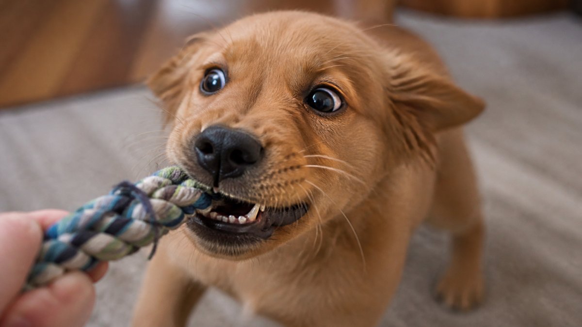 Close-up of puppy's face showing dilated pupils, pinned-back ears, and tense jaw during intense play session with natural indoor lighting