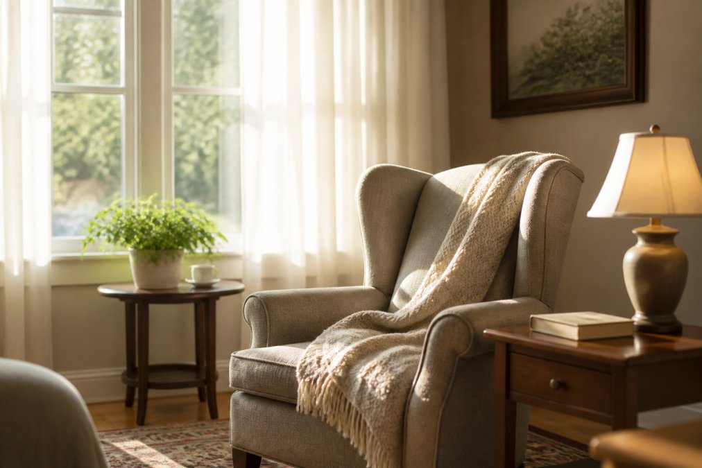A sunlit living room in a senior's home with soft natural light through sheer curtains, a comfortable armchair, a cozy throw blanket, and a small side table with a lamp and a book, creating a peaceful and inviting space