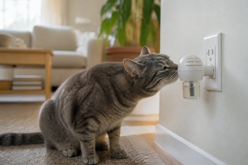 A grey tabby cat sniffs a pheromone diffuser plugged into a wall outlet in a cozy, sunlit living room.