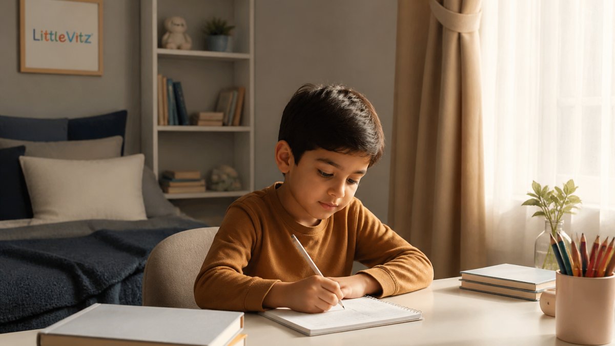 Child sitting at a desk in a bright, organised bedroom with soft warm lighting, looking calm and focused while writing in a notebook