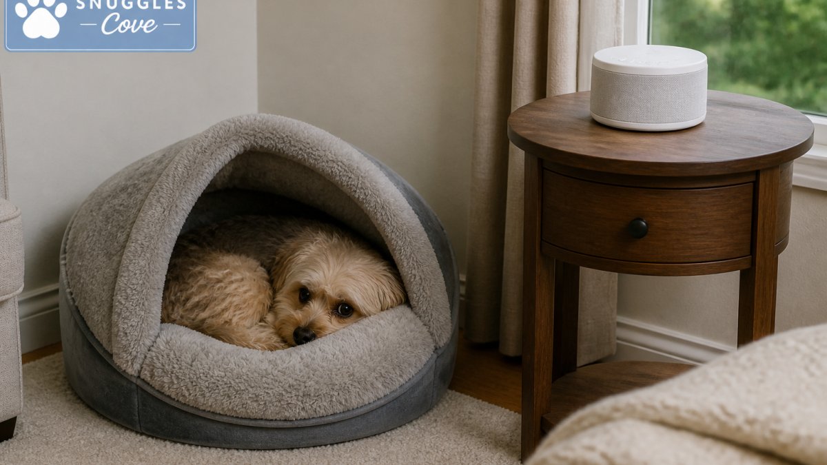 A small anxious dog curled up in a plush hooded bed in a quiet corner of a living room, with a white noise machine on a side table nearby, soft natural light