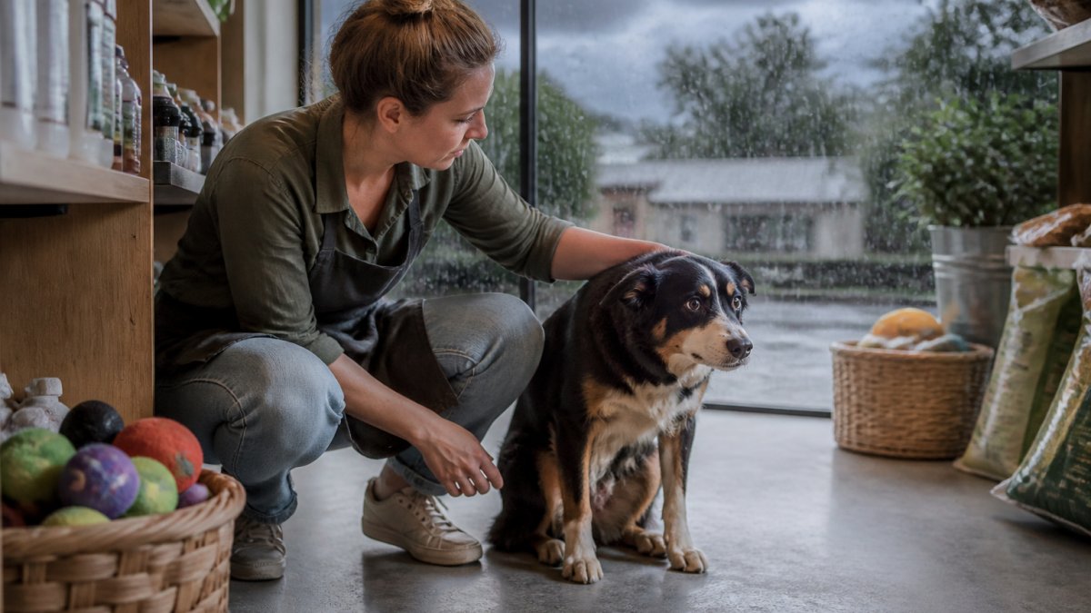 Infographic illustrating common physical signs of canine stress and anxiety during stormy weather conditions
