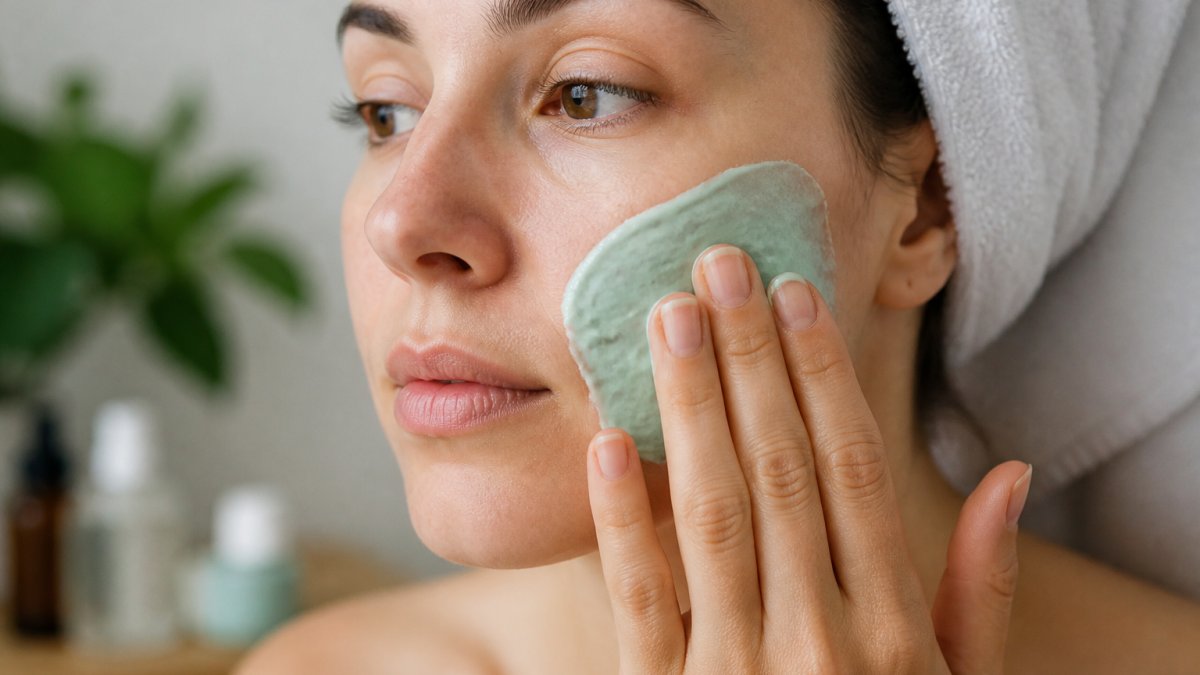 Close-up of hands gently applying a calming mask to clean facial skin, showing careful application technique with fingertips on cheek in soft natural lighting