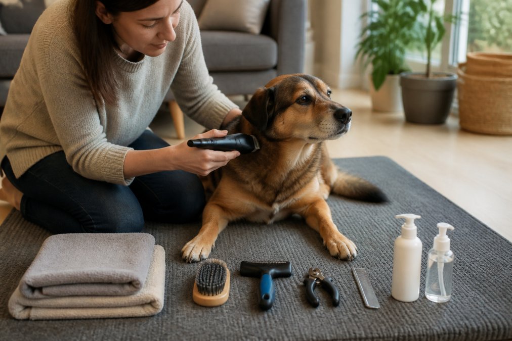 Pet owner using calming grooming tools for anxious pets on a relaxed dog at home on a soft grooming mat