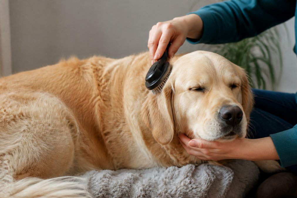 Close-up of a calm dog being gently groomed with a soft brush, showing relaxed body language and the owner's gentle hands working carefully