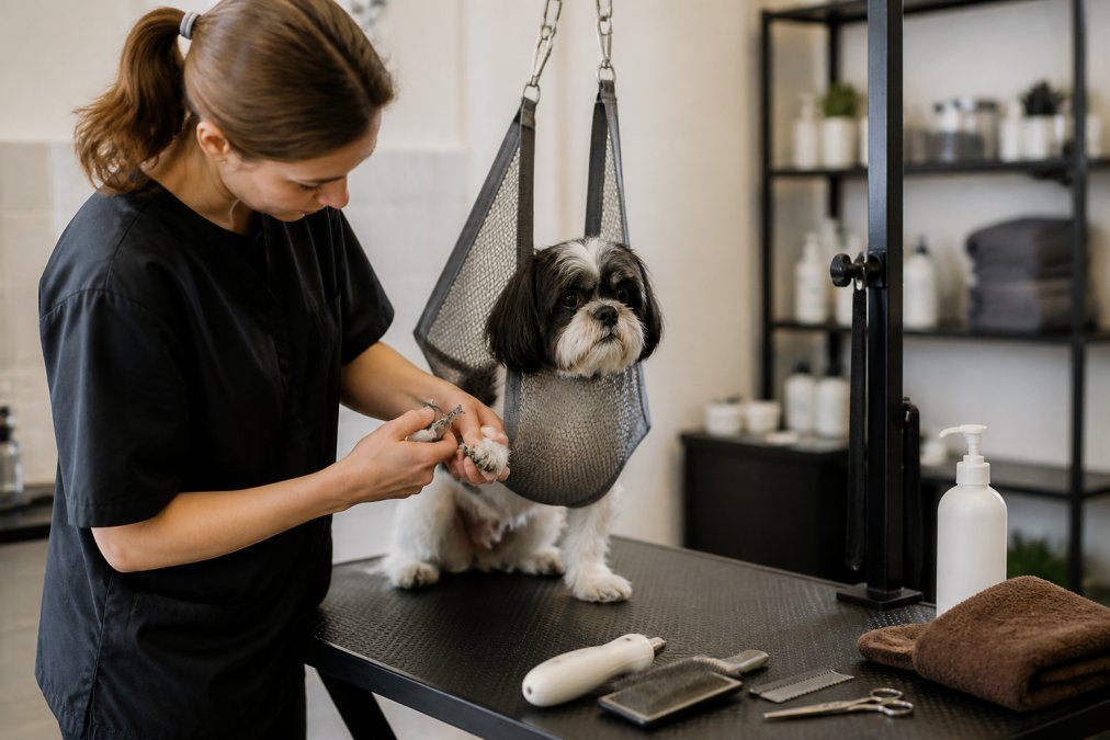 Dog owner using a grooming hammock to safely position their dog while trimming nails, demonstrating proper setup and technique with focused attention to the dog's comfort