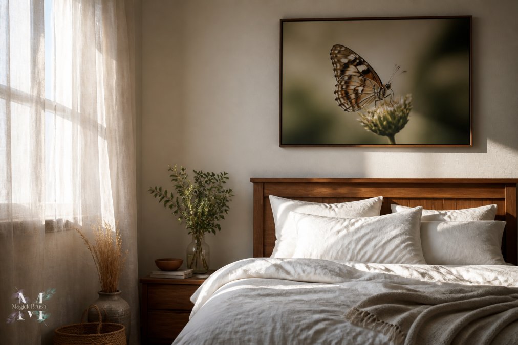 Serene bedroom with soft morning light filtering through sheer curtains, a fine-art nature photograph of a butterfly on cream-colored wall above wooden bed frame, white bedding, minimal decor creating tranquil atmosphere
