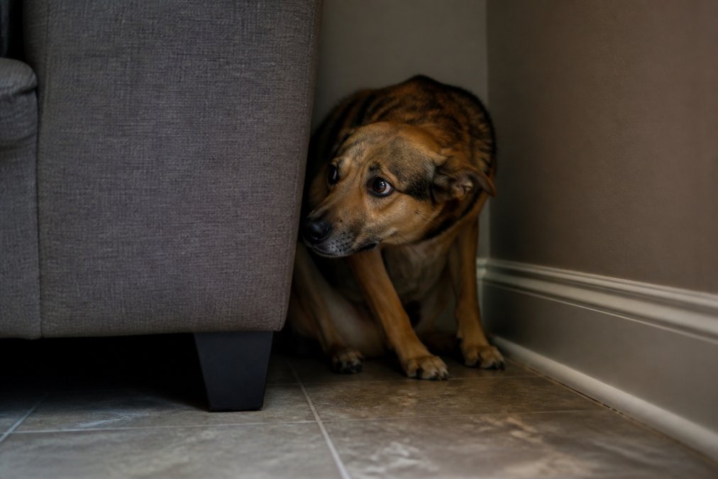 A nervous dog trembling while hiding behind furniture in a dimly lit corner of a home, ears back and body tense showing visible signs of distress and fear