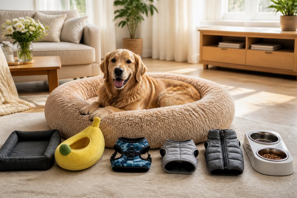 A relaxed golden retriever resting peacefully on a plush beige calming donut bed in a bright, naturally lit living room with warm sunlight streaming through windows