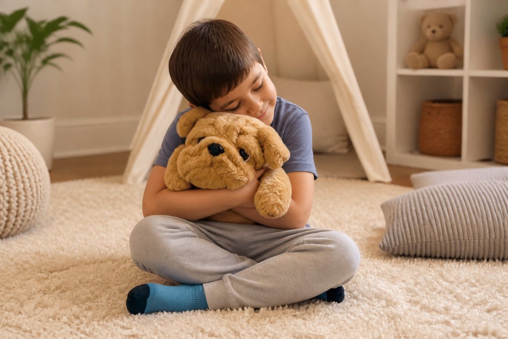 A young child sitting cross-legged on a soft rug, hugging a plush weighted stuffed animal, looking calm and relaxed in a cozy, warmly lit playroom