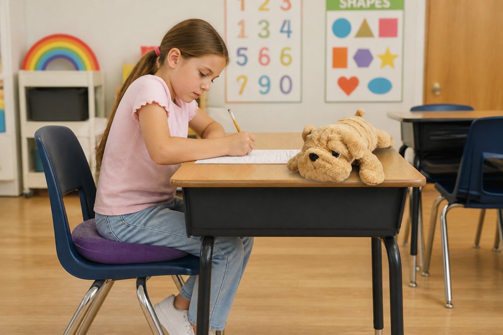 A child at a school desk using a twist seat cushion, focused on a worksheet in a bright classroom setting with colorful educational posters on the wall behind them