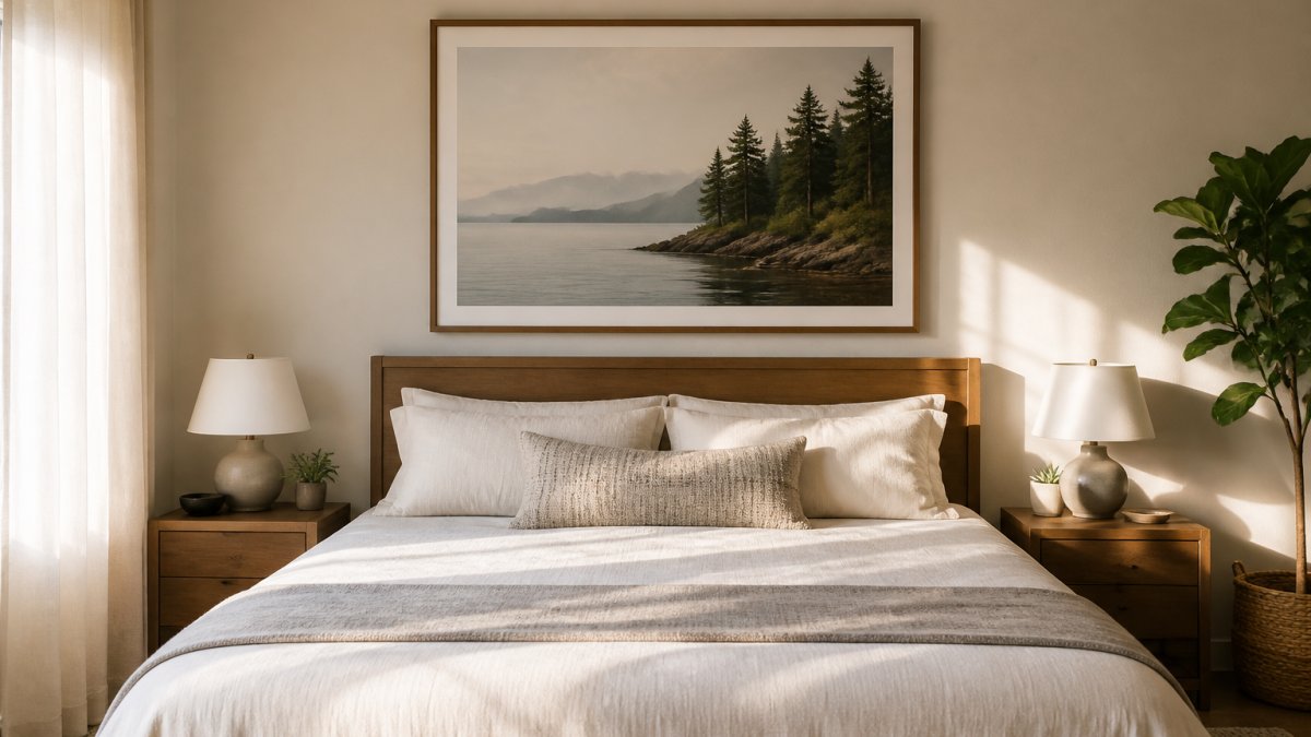 A serene bedroom with a large framed nature print centered above a queen bed, soft neutral bedding, warm morning light coming through sheer curtains, and two small nightstands with lamps