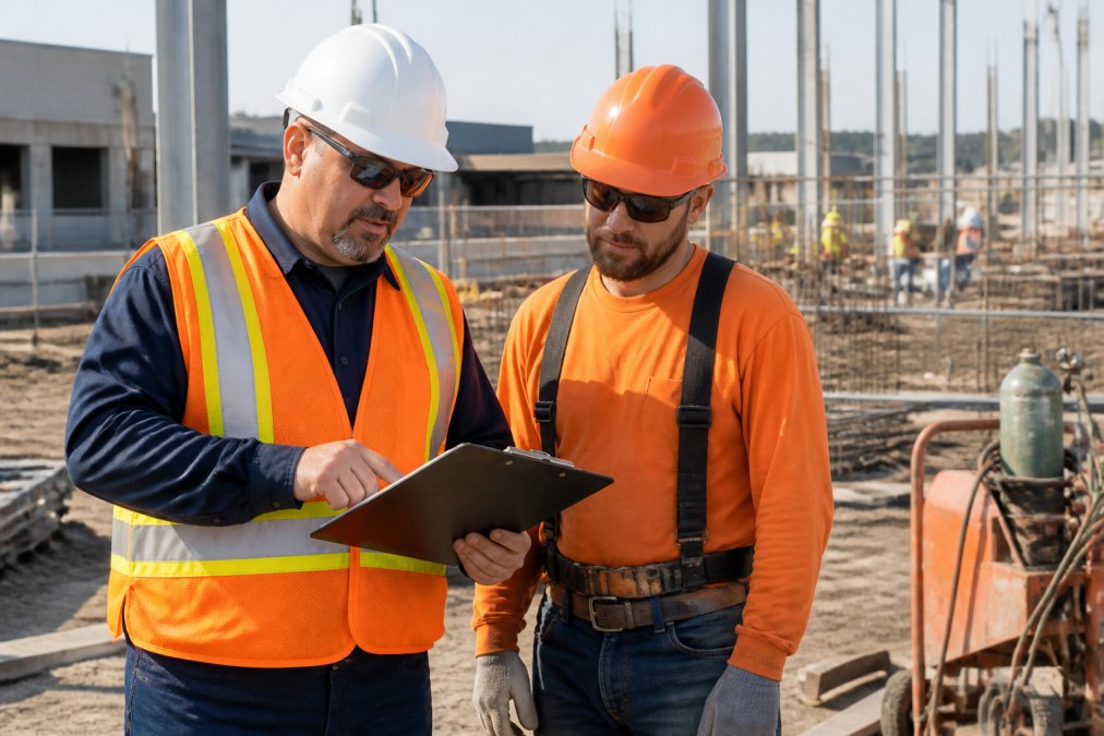 Safety inspector in hard hat and safety vest conducting workplace inspection, reviewing documentation on clipboard with construction worker at outdoor job site, morning sunlight