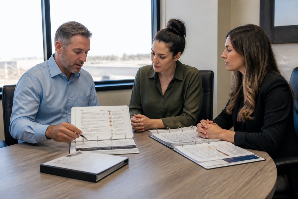 Professional safety consultant in business casual attire meeting with small business owner and HR manager at conference table, reviewing IIPP documents and safety plans in modern office with natural window lighting