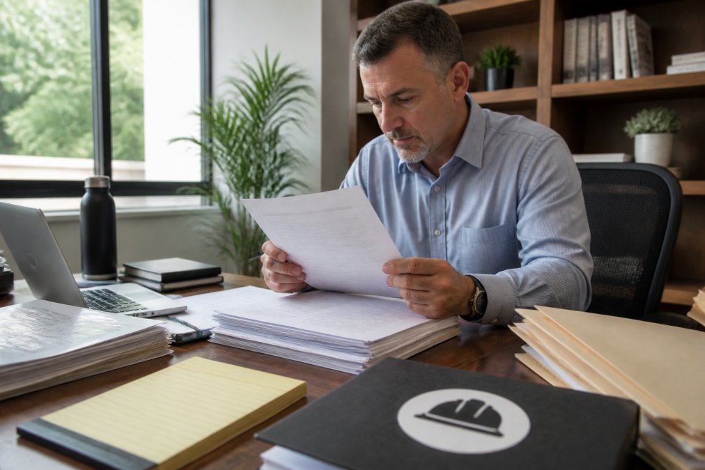 Safety manager in business casual attire reviewing Cal/OSHA citation documents and compliance paperwork at a desk with laptop, file folders, and safety manual in a modern office with natural light from windows