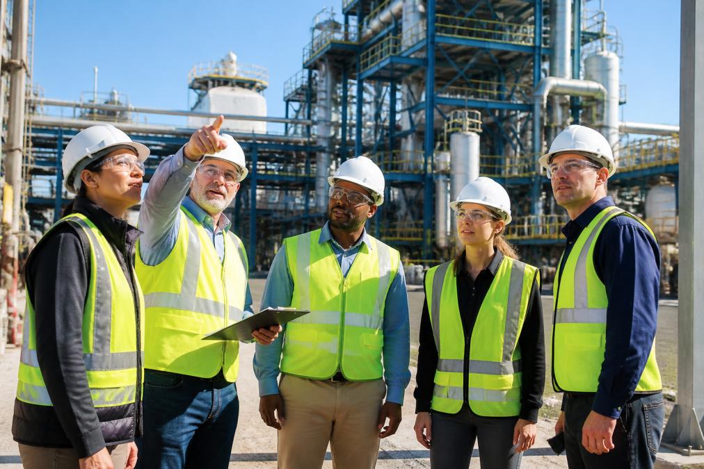 Diverse group of safety personnel and workers conducting a comprehensive workplace safety walkthrough on an industrial site, with workers in hard hats and safety vests examining equipment and work areas under natural daylight