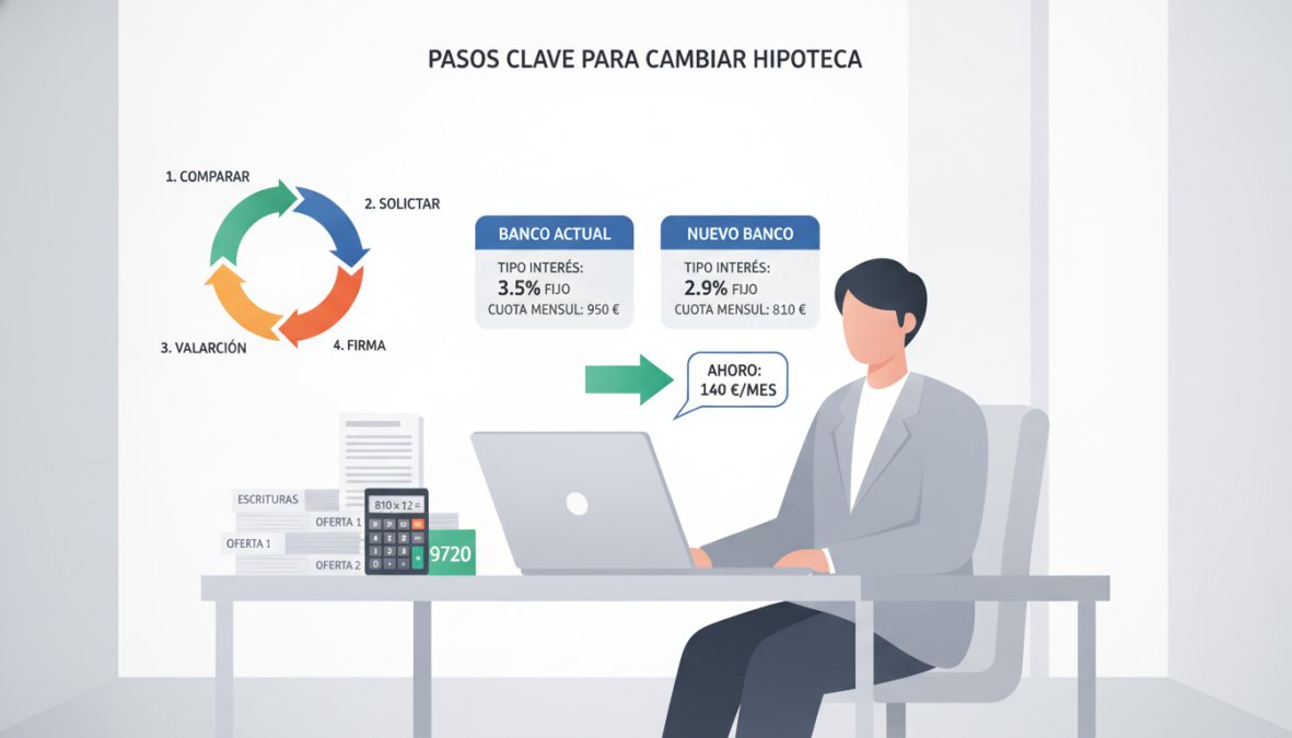 Asesor financiero en una oficina moderna revisando documentos hipotecarios y comparando ofertas en un portátil, con carpetas de documentación y calculadora sobre la mesa, iluminación natural de ventana lateral