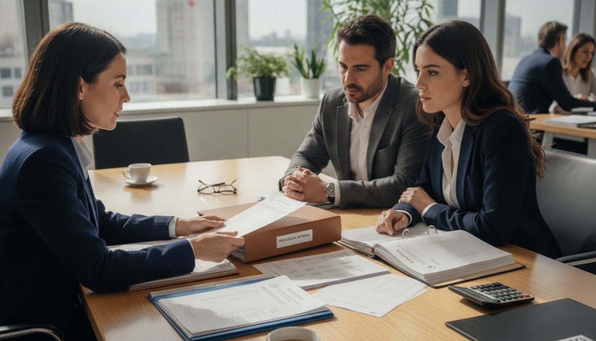 Profesional de negocios en reunión con asesor bancario en una oficina con luz natural, revisando documentos contractuales sobre una mesa de reuniones, expresión de negociación seria y atenta