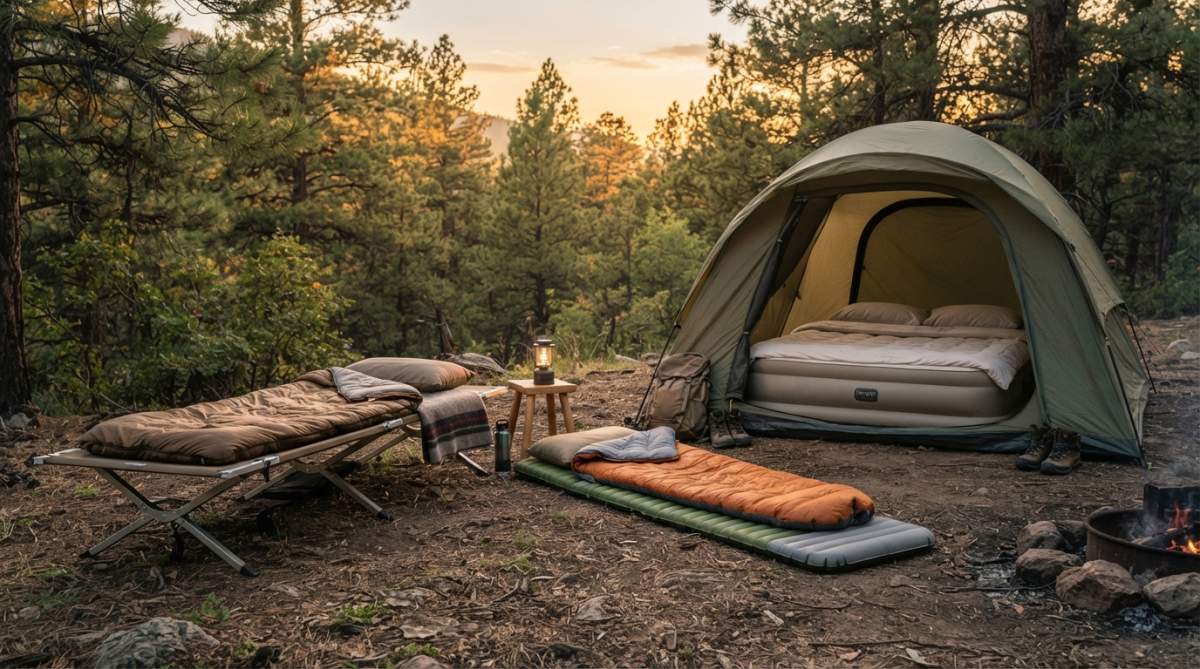 A campsite at golden hour showing three sleeping setups side by side: a low camp cot with a sleeping bag, a self-inflating sleeping pad on the ground, and an air mattress inside an open tent, with pine trees and warm evening light in the background