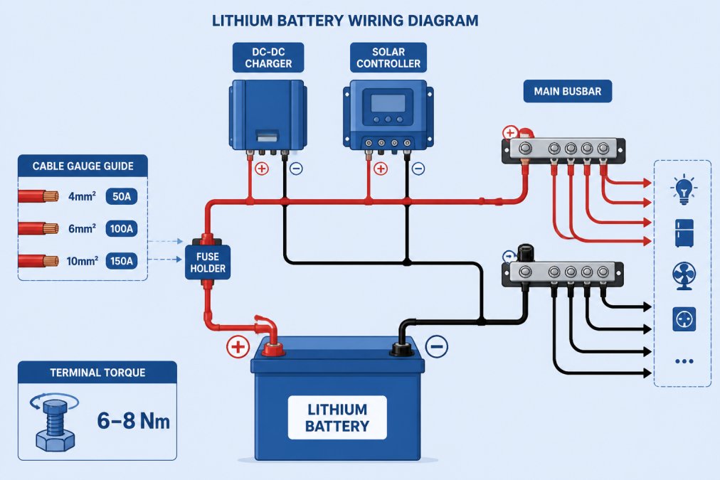 Wiring diagram showing lithium battery connections to fuse holder, DC-DC charger, solar controller and main busbar with cable gauge specifications (4mm² for 50A, 6mm² for 100A, 10mm² for 150A) and terminal torque values (6-8 Nm)