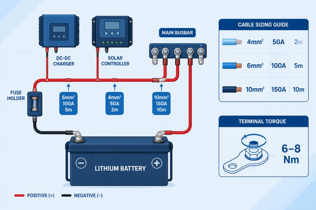 Wiring diagram showing lithium battery connections to fuse holder, DC-DC charger, solar controller and main busbar with cable gauge specifications (4mm² for 50A at 2m, 6mm² for 100A at 5m, 10mm² for 150A at 10m) and terminal torque values (6-8 Nm)