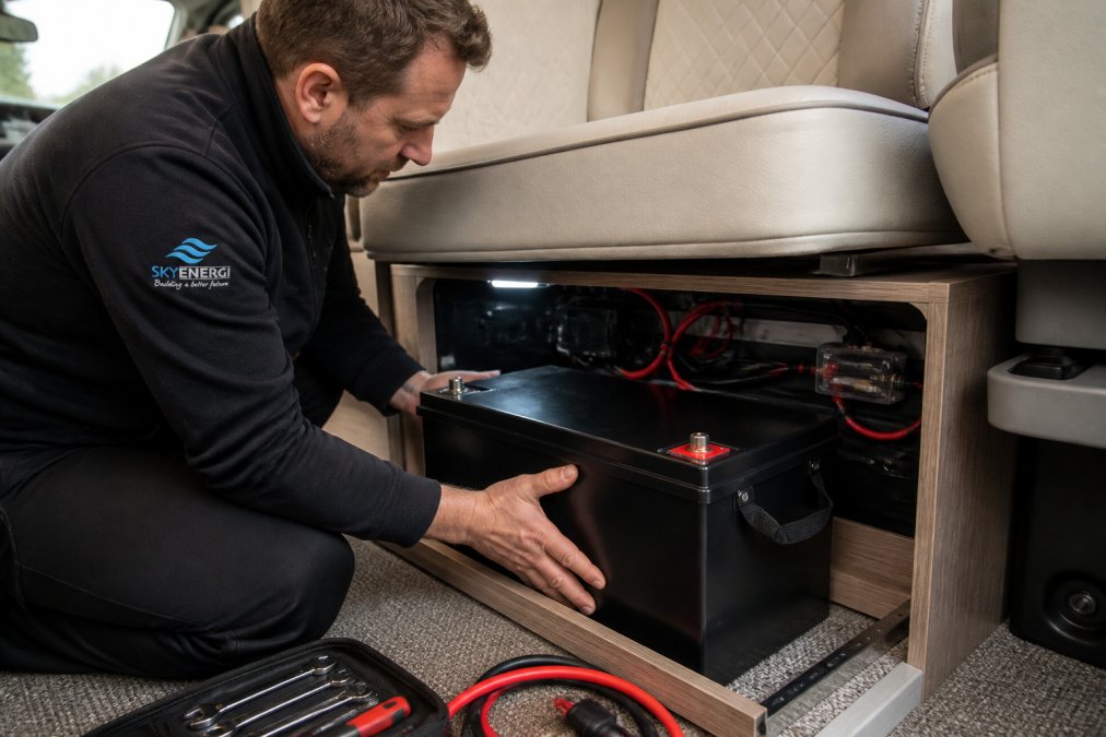 Campervan owner installing the correct lithium battery size into a cramped under-seat motorhome compartment