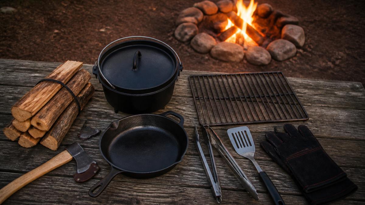 Diagram displaying essential items for a beginner campfire cooking kit arranged on a picnic table