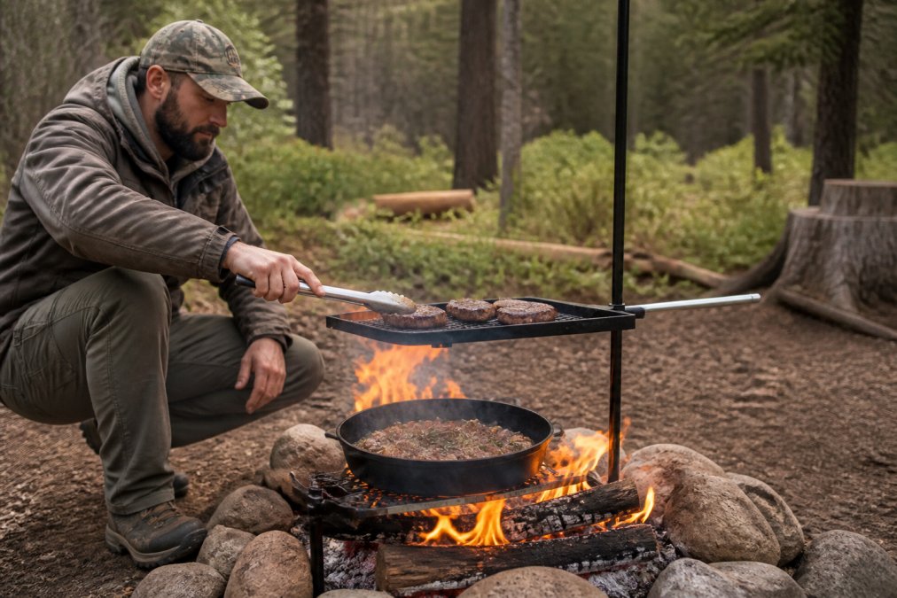 Hunter preparing wild game meat over an active campfire with cast iron cookware, showing proper positioning and heat management and flame control
