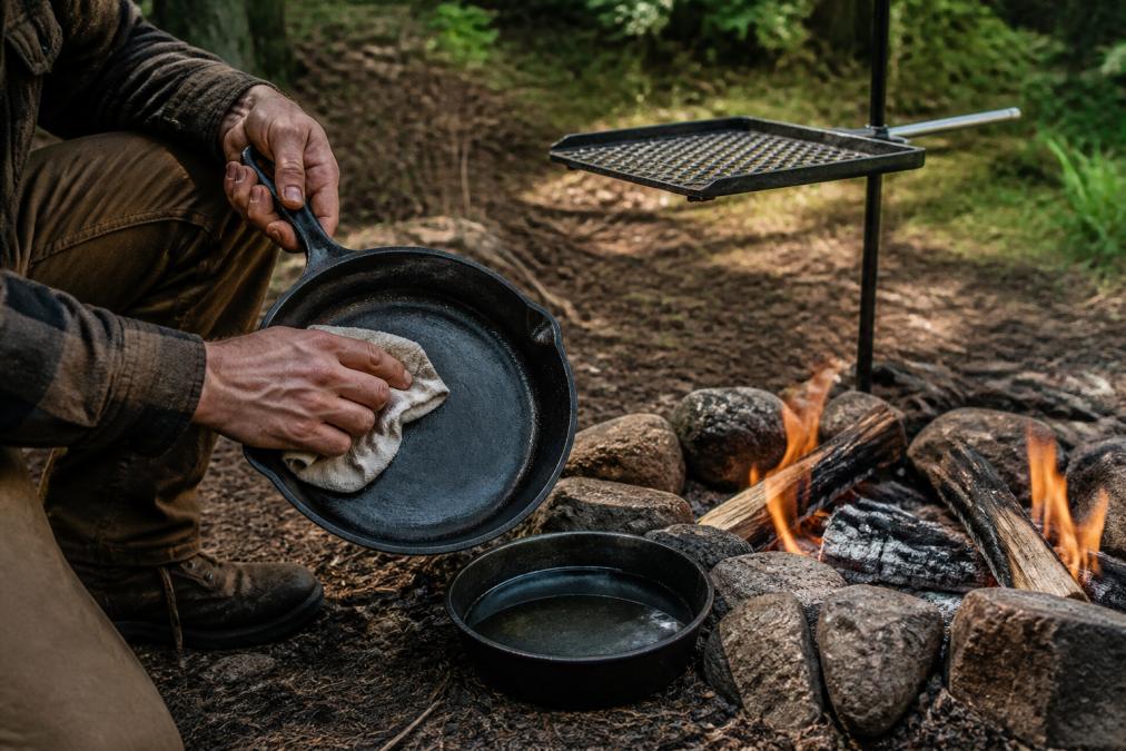 Close-up of hands cleaning and oiling cast iron cookware at a backcountry campsite with water and cloth nearby, showing proper maintenance technique in natural lighting