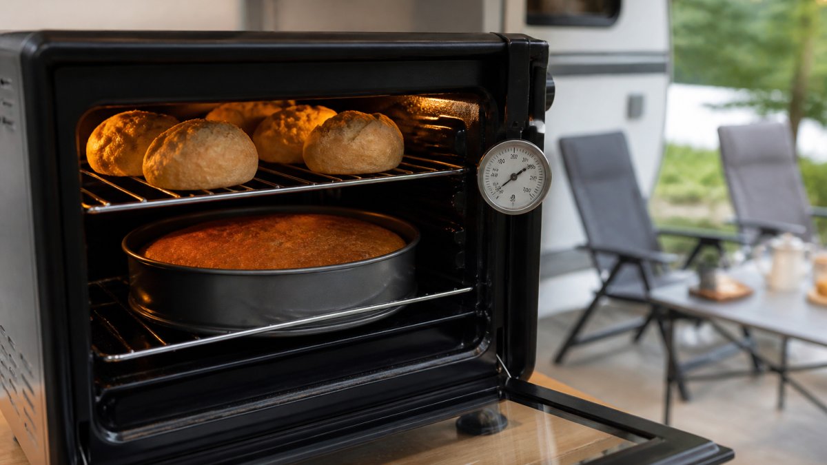 Nahaufnahme eines Camping-Backofens mit frisch gebackenem Brötchen und Kuchen auf verschiedenen Ebenen, Thermometer zeigt Temperatur, gemütliche Campingumgebung im Hintergrund
