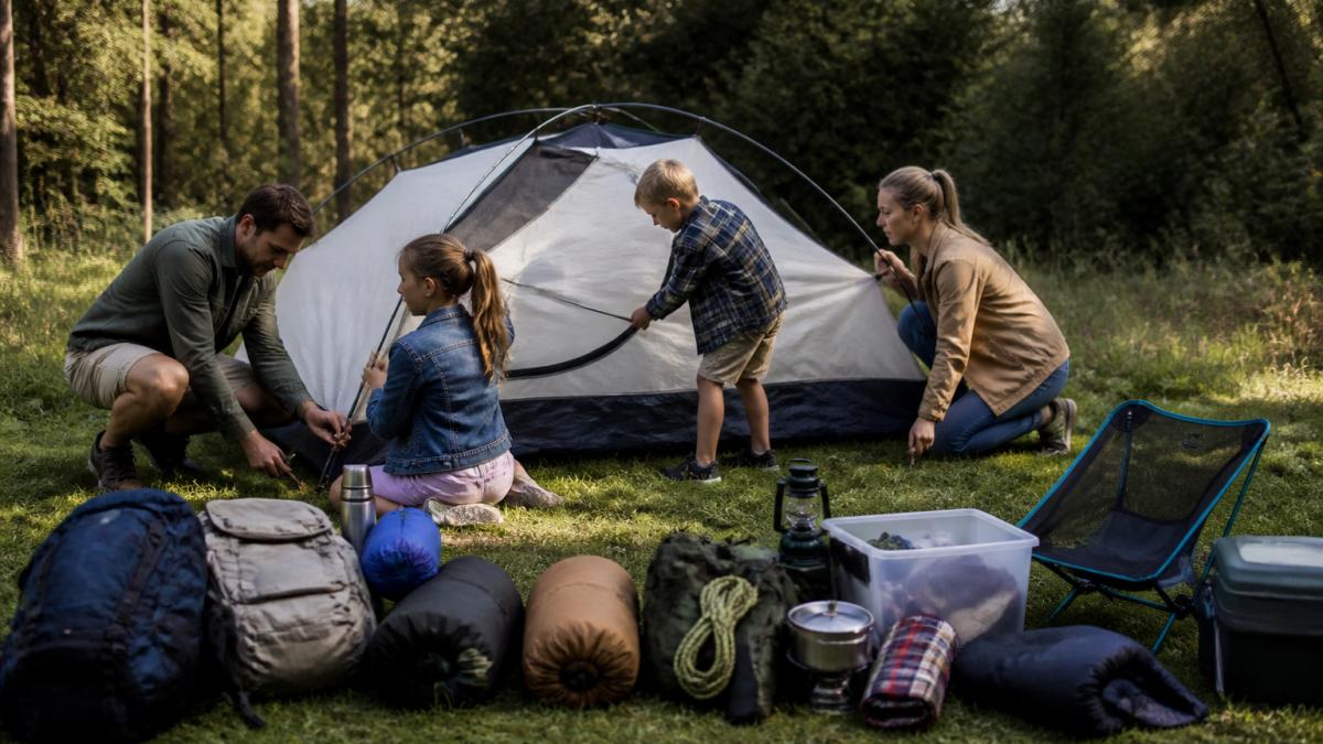 Family group setting up a camping tent outdoors with children helping, surrounded by backpacks and camping gear laid out on grass