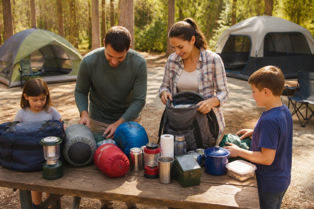 Family unpacking camping gear and supplies on a picnic table at a campsite, with tents and outdoor equipment visible in the background, natural sunlight filtering through trees