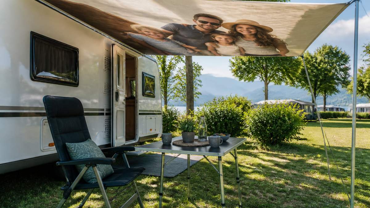 Ein Wohnwagen auf einem sonnigen Campingplatz mit einem personalisierten Sonnensegel, das ein Familienfoto zeigt und Schatten spendet; im Vordergrund ein Campingstuhl und ein Campingtisch