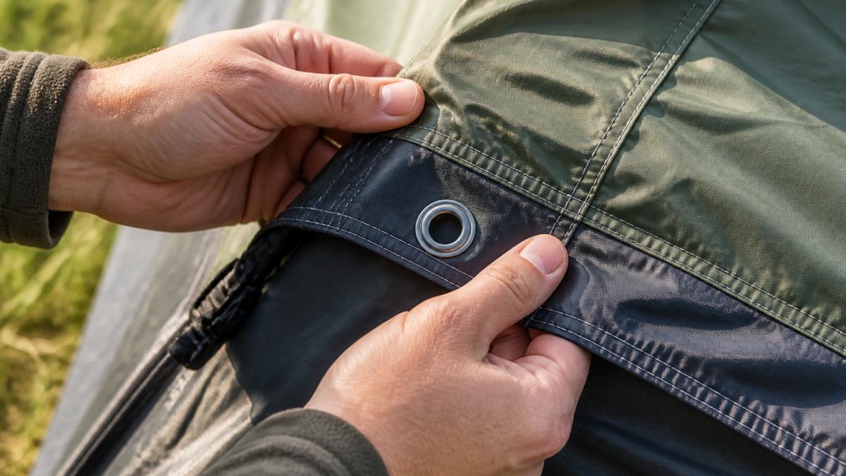 Nahaufnahme von Händen, die Nähte und Verarbeitungsdetails an einem Campingzelt untersuchen, mit Fokus auf doppelte Nähte und Metallösen in natürlichem Licht