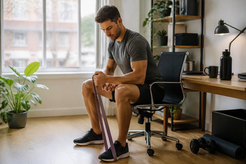 Remote worker at home desk with a resistance band and light dumbbells nearby, ready for a quick workout session, natural window lighting