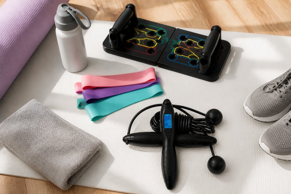 Flat-lay arrangement of compact home fitness tools including resistance bands, digital jump rope, and multifunctional fitness board on clean white workout mat with natural lighting