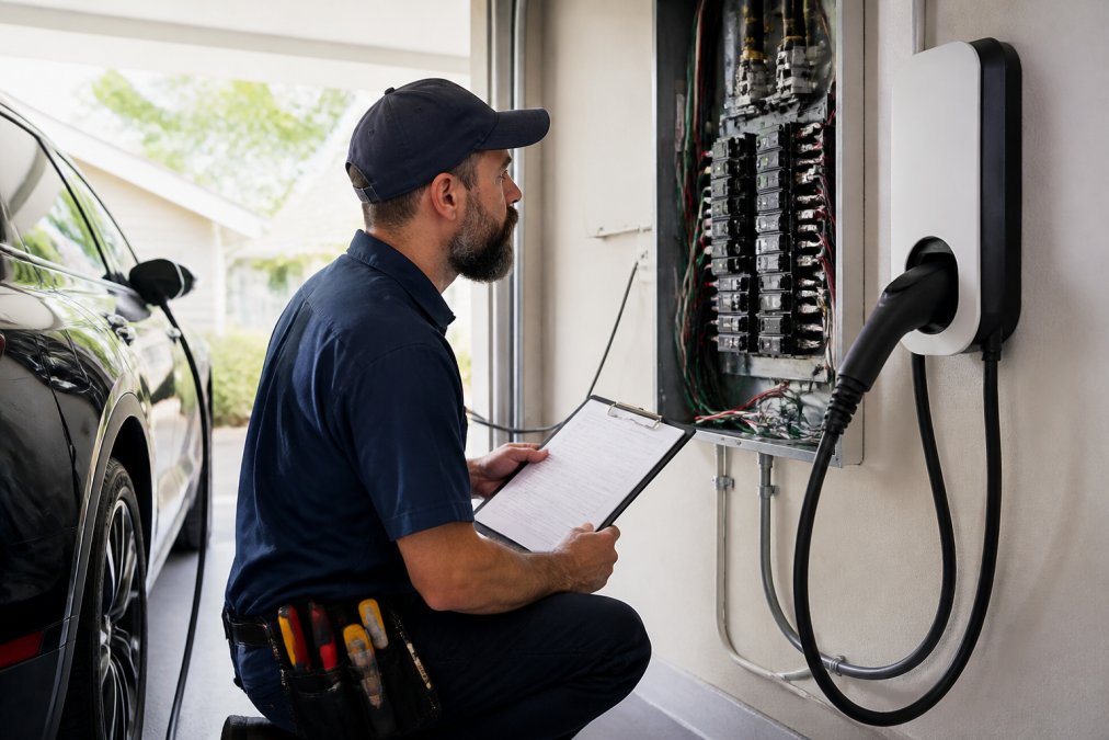 Electrician inspecting a 100 amp panel in a garage next to a charging electric vehicle