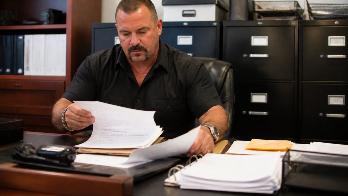 Professional bail bondsman or recovery agent reviewing bail bond documents and paperwork at desk in office setting with filing cabinets and legal files