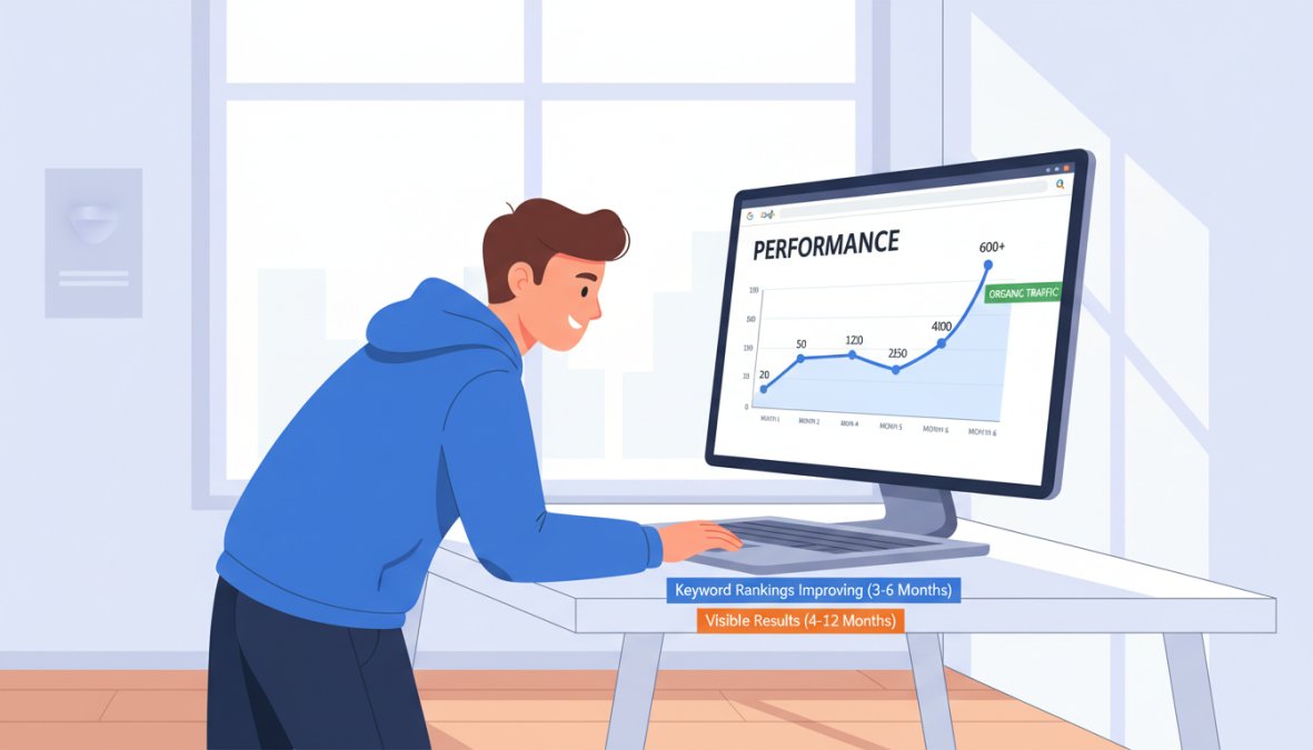 A person in a bright home office leaning toward a laptop screen showing a Google Search Console dashboard with a clearly rising line graph indicating growing organic traffic over several months, natural daylight coming through a window behind them