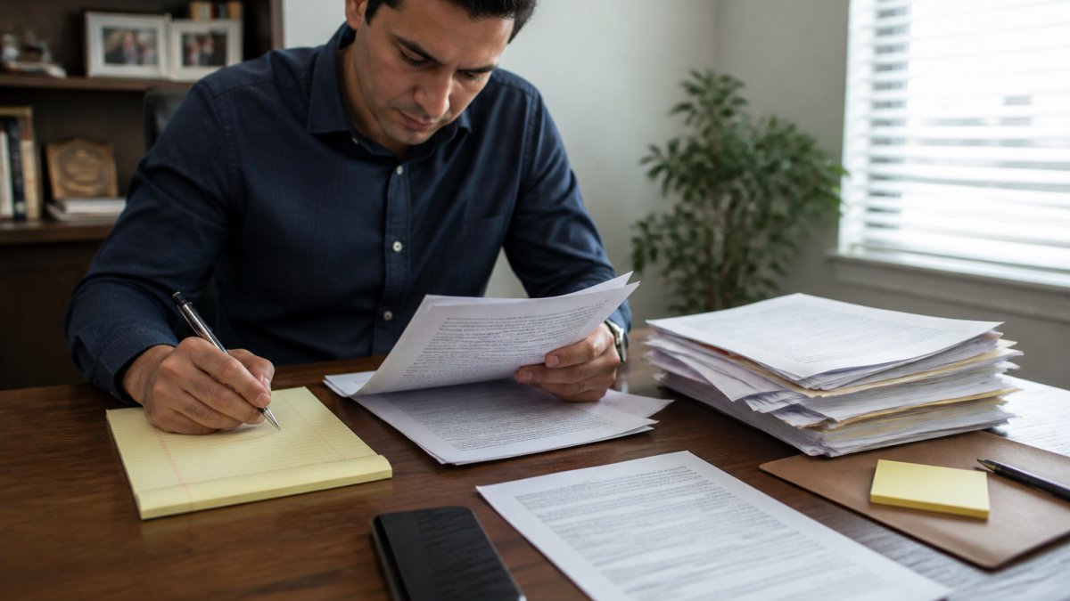 Person sitting at desk reviewing court documents and preparing notes for bench warrant hearing, with phone and notepad visible