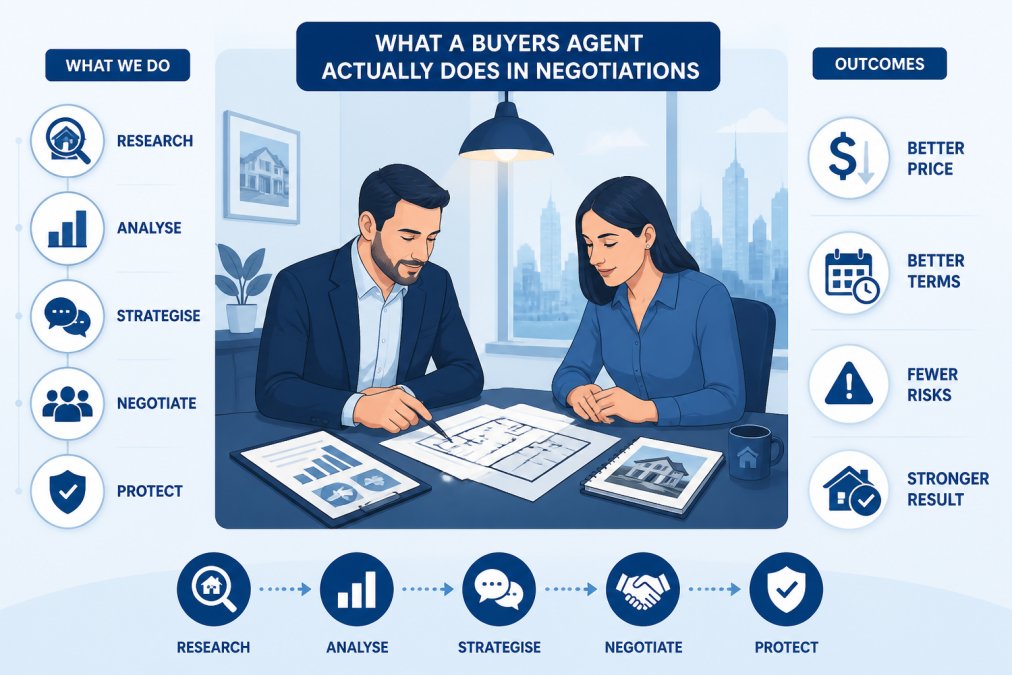 A professional buyer's agent and client sitting across a table reviewing property documents in a modern Melbourne office, both focused on the paperwork, warm overhead lighting