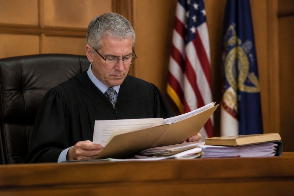 A family law judge seated at the bench in a courtroom, reviewing case documents and custody evaluation reports with focused attention, natural courtroom lighting