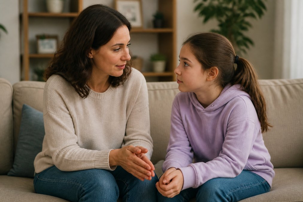 A parent and child sitting together on a couch in a calm home setting, engaged in a supportive conversation with warm natural lighting, showing emotional connection and open communication