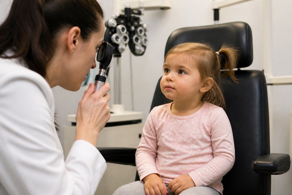 A young child sitting in an examination chair while an optometrist uses a handheld instrument to observe the child's eye alignment, warm clinical lighting in a modern pediatric office