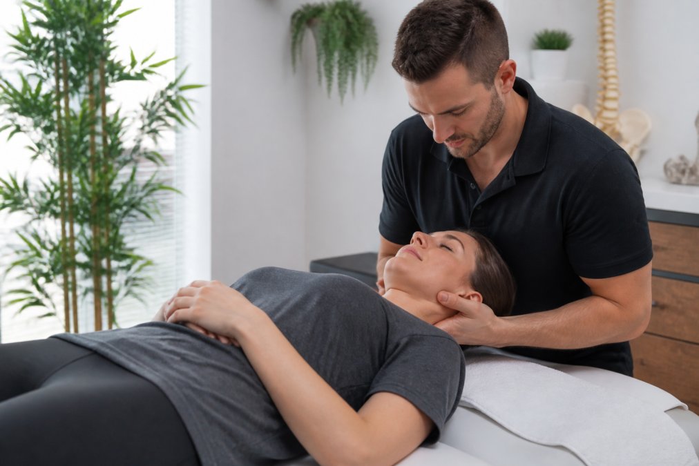 A chiropractor's hands gently supporting a patient's neck during a precise adjustment in a bright, modern clinic room, both wearing relaxed expressions