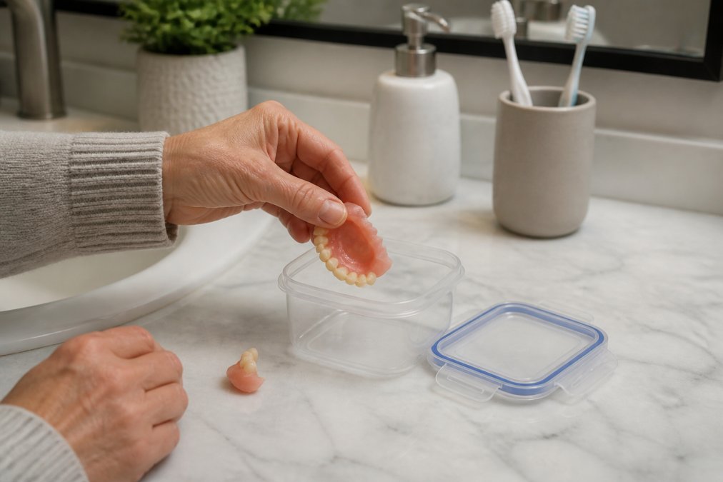 A person carefully placing a broken denture piece into a clean plastic container with a lid, sitting at a bathroom counter with soft lighting