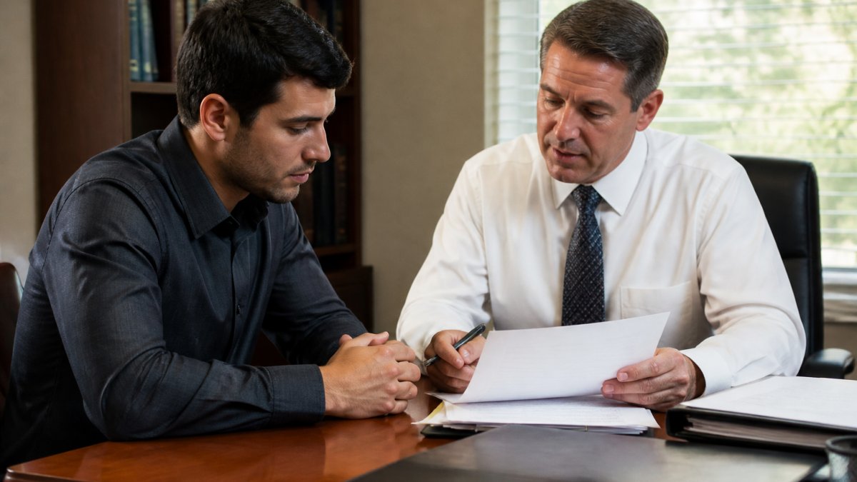 Defense attorney reviewing legal documents with a client facing a drug possession charge at a law office desk.
